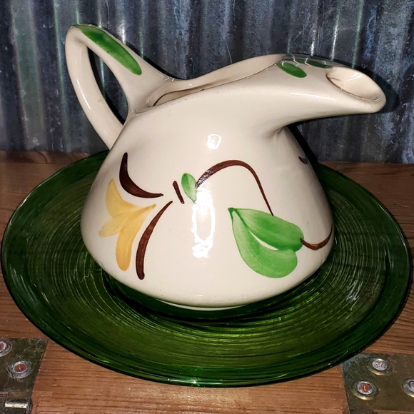 Vintage Stylized Ceramic Pitcher & Optic Green Art Glass Platter - Picture 1 of 11